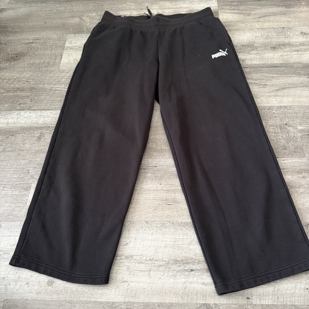 Puma Fleece Joggers Sweatpants Womens Size Large Black Open Bottom Wide Leg